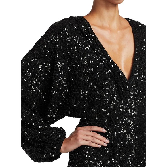 Retrofete Aubrielle Sequin Mini Dress L Black Chiffon Puff Sleeve Party Prom NWT - Picture 8 of 10